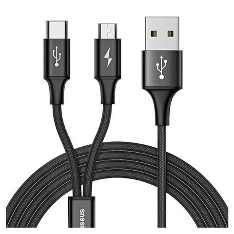 USB кабель Baseus Rapid, USB тип-C, USB тип-A, micro-USB тип-B, 120 см, 3 A, чорний, в нейлоновому обплетенні, 2 в 1, #CAMT-ASU01 Прев'ю 1