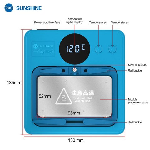 Платформа для предварительного подогрева Sunshine SS-T12B + 11 Module  для Apple iPhone 11, iPhone 11 Pro, iPhone 11 Pro Max, iPhone 12, iPhone 12 mini, iPhone 12 Pro, iPhone 12 Pro Max, iPhone 13, iPhone 13 mini, iPhone 13 Pro, iPhone 13 Pro Max, iPhone 14, iPhone 14 Plus, iPhone 14 Pro, iPhone 14 Pro Max, iPhone 15, iPhone 15 Plus, iPhone 15 Pro, iPhone 15 Pro Max, iPhone 16, iPhone 16 Plus, iPhone 16 Pro, iPhone 16 Pro Max, iPhone X, iPhone XS, iPhone XS Max, для ремонта сканера отпечатка пальца (Touch ID), для ремонта материнских плат, для ремонта Face ID, для расслоения платы PCB, для очистки CPU Превью 2