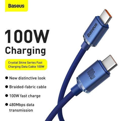 USB Cable Baseus Crystal Shine Series, (2xUSB type-C, 200 cm, 100 W, dark blue, nylon braided) #CAJY000703 Preview 1