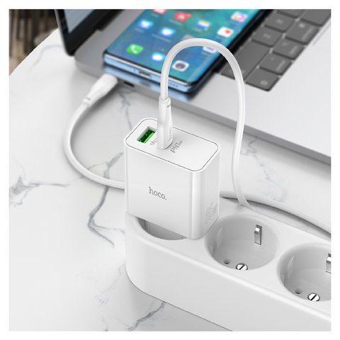 Сетевое зарядное устройство Hoco C113A, 65 Вт, Power Delivery (PD), белый, c кабелем USB тип-C к USB тип-C, 2 порта, GaN, #6931474790927 Превью 1